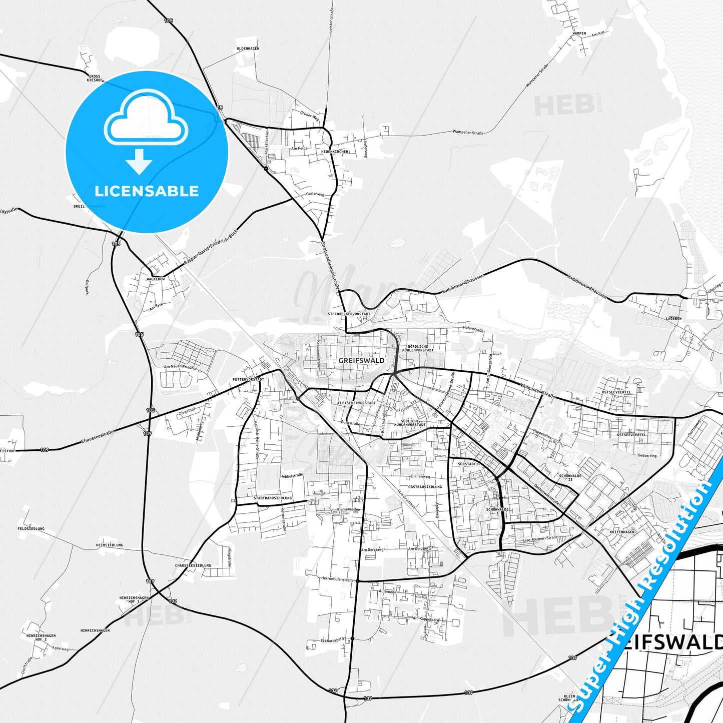 Greifswald, Germany Light Map with Street Names, City Names, and Districts