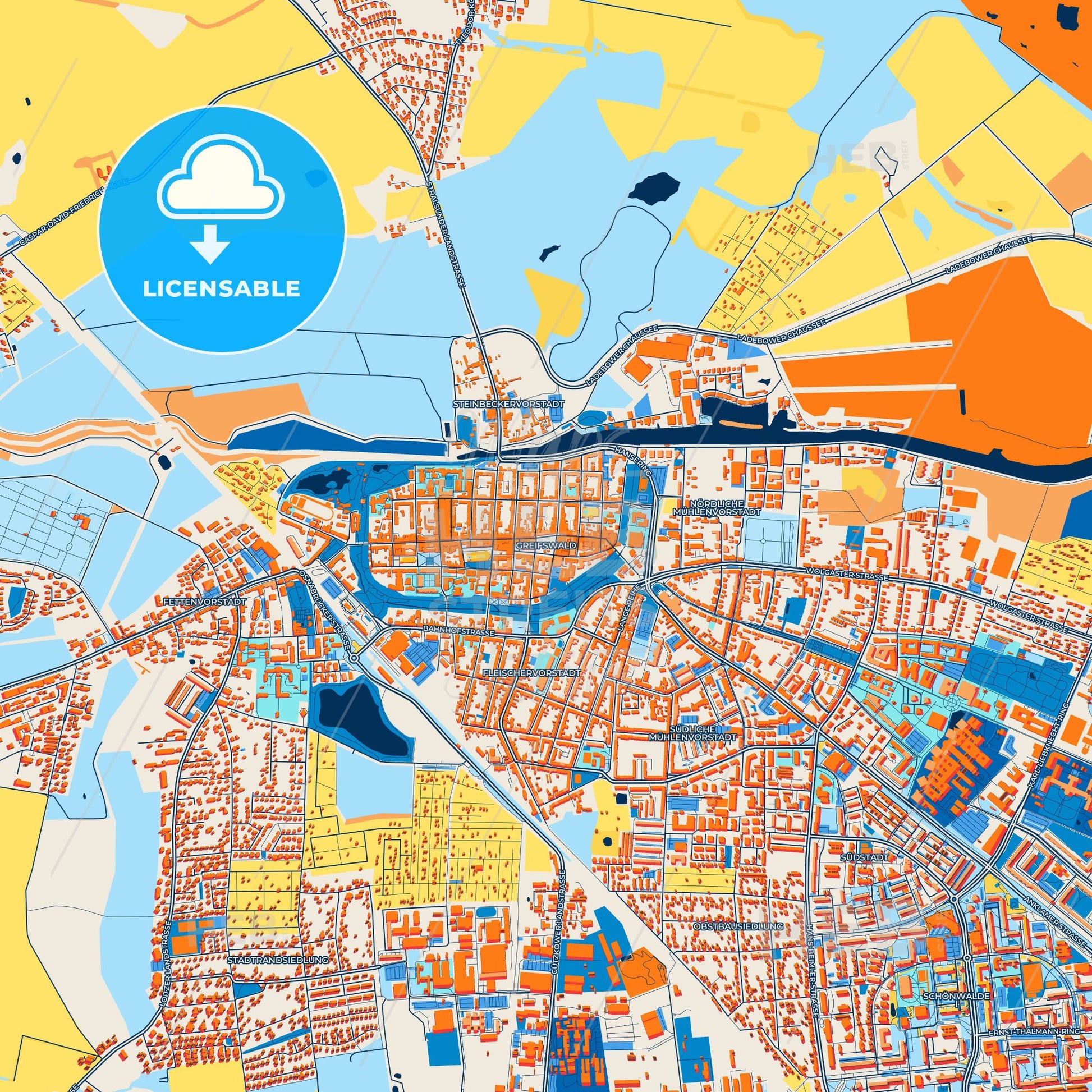 Colorful Greifswald Street Map with Labels and Buildings