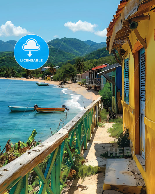 Colorful Beach Scene in Grenada, North America: Picturesque Homes and Boats in an Artistic Style