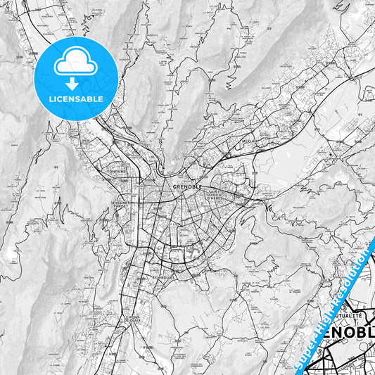 Grenoble, France light map with streetnames, citynames and districts