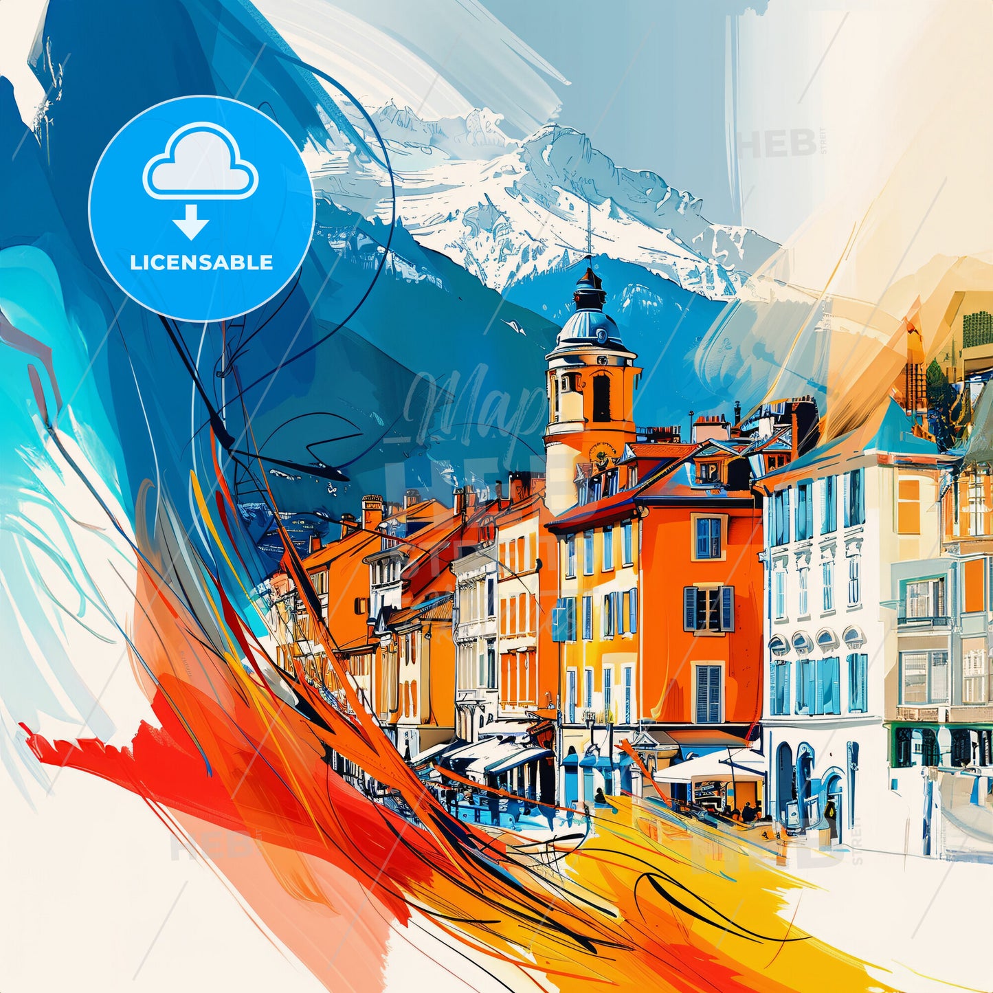 Vibrant Grenoble, France - A Colorful Painting Of Buildings And Mountains