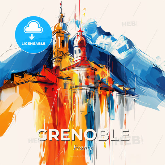 Vibrant Grenoble, France - A Painting Of A Building With A Mountain In The Background - Square format print template