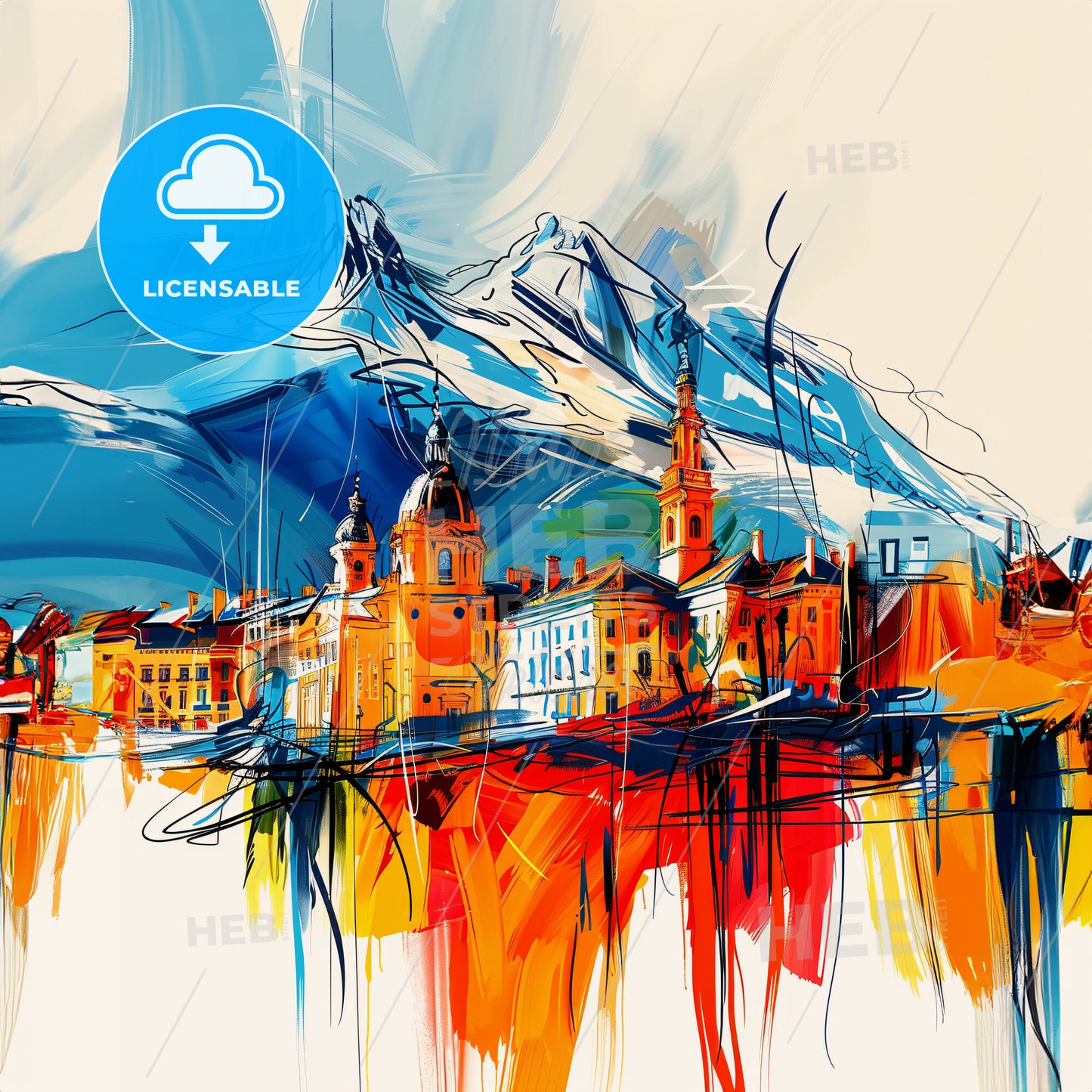 Vibrant Grenoble, France - A Painting Of A City With A Mountain In The Background