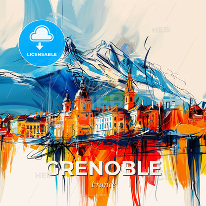 Vibrant Grenoble, France - A Painting Of A City With A Mountain In The Background - Square format print template