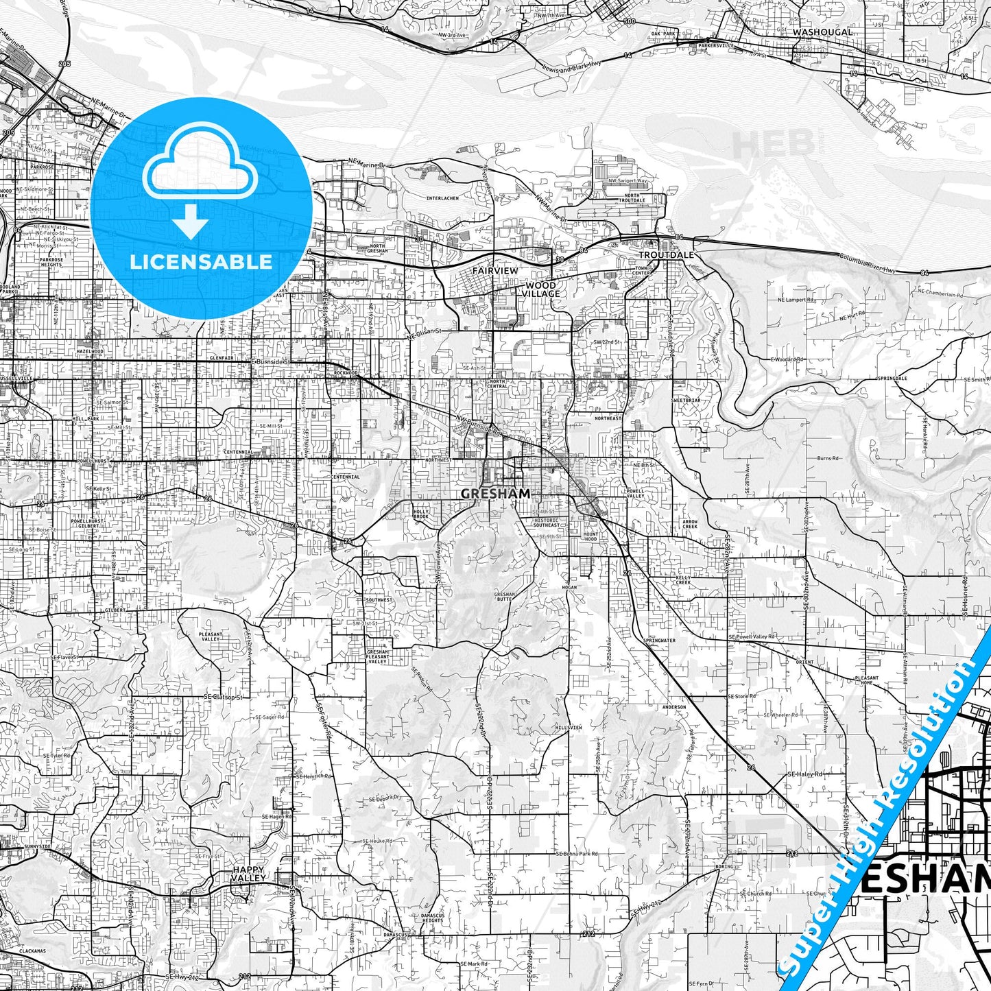 Gresham, Oregon light map with streetnames, citynames and districts