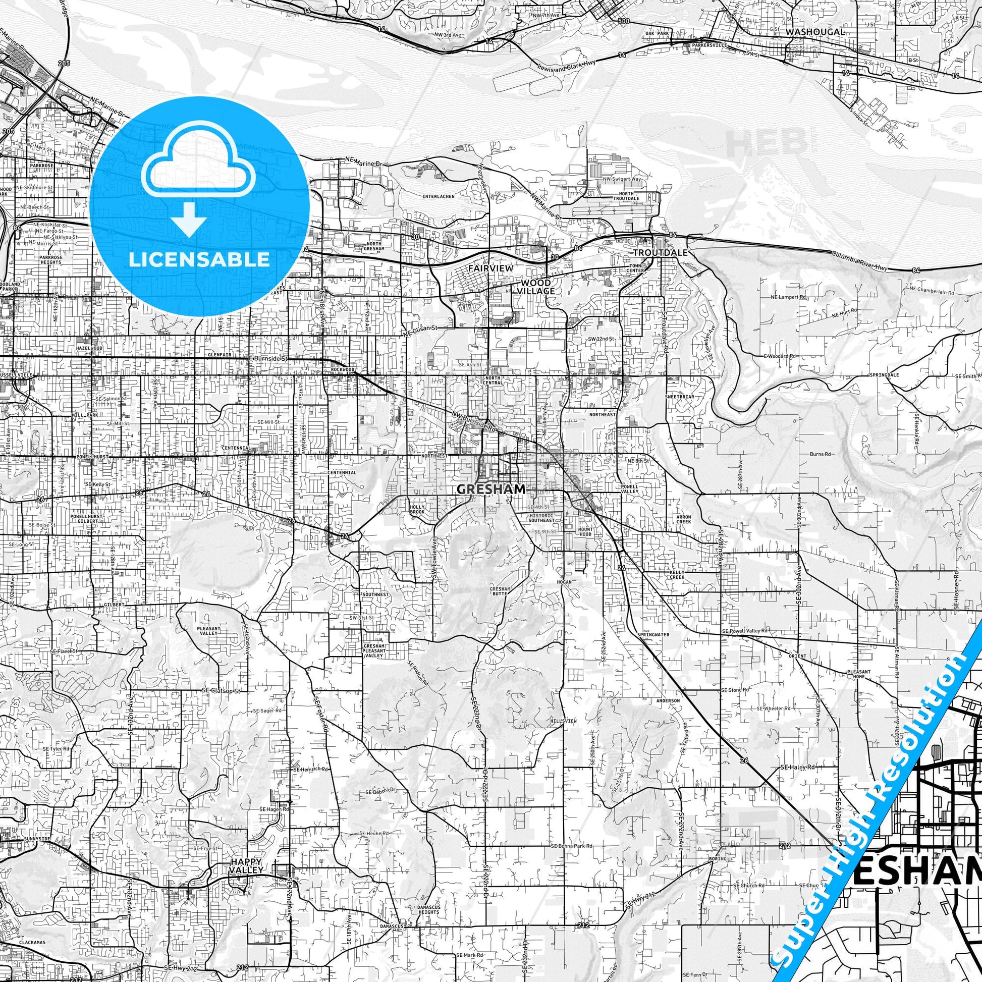 Gresham, Oregon light map with streetnames, citynames and districts