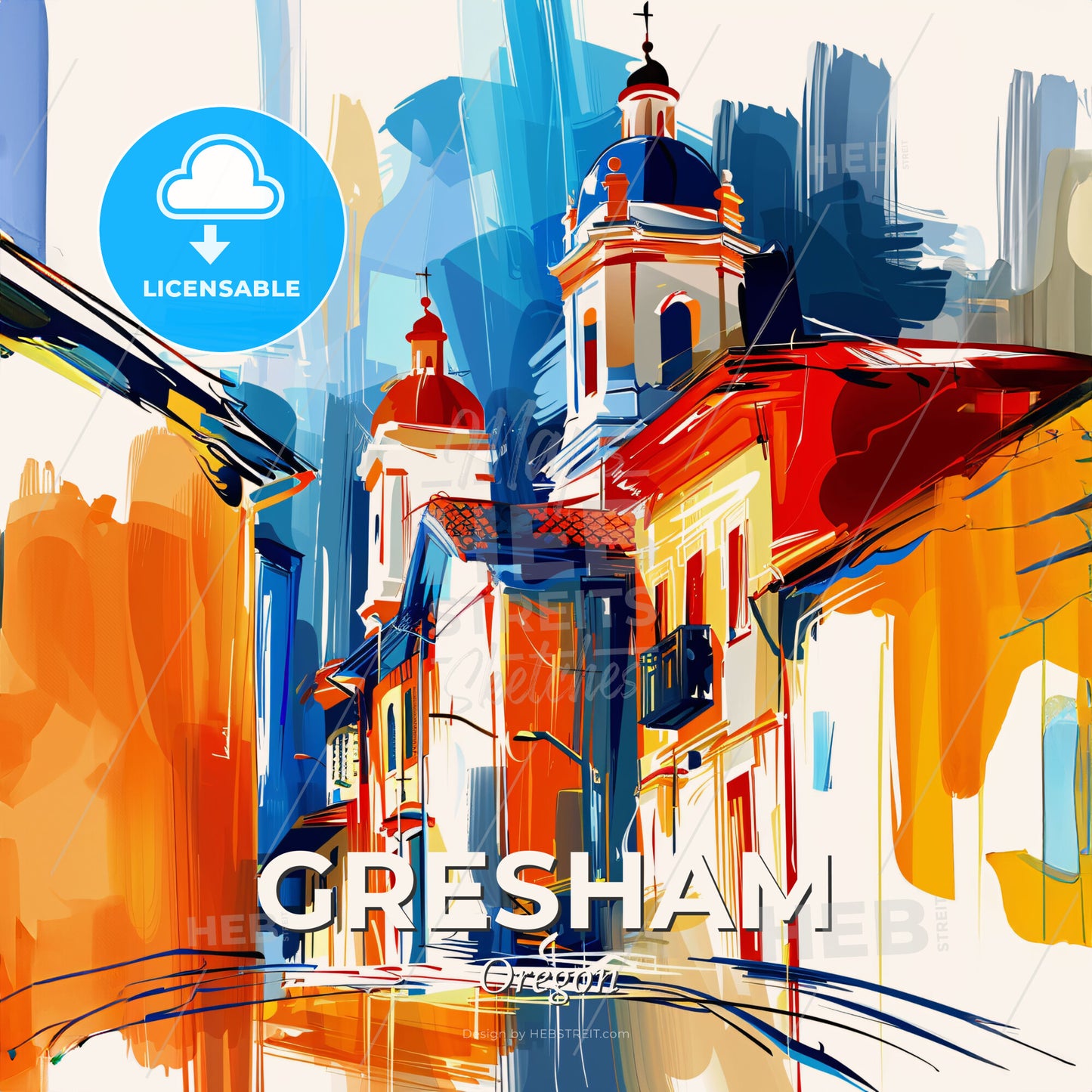 Vibrant Gresham, Oregon - A Painting Of A Building With A Steeple - Square format print template
