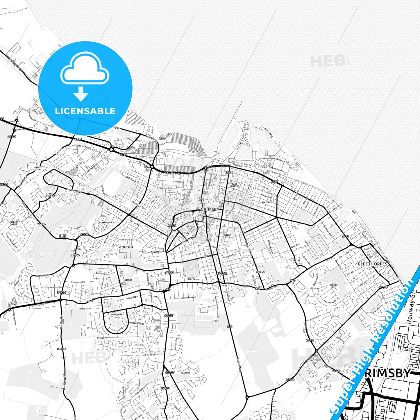 Grimsby, England Light Map with Street Names, City Names, and Districts