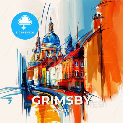 Vibrant Grimsby, England - A Painting Of A Skyline With A Colorful Building - Square format print template