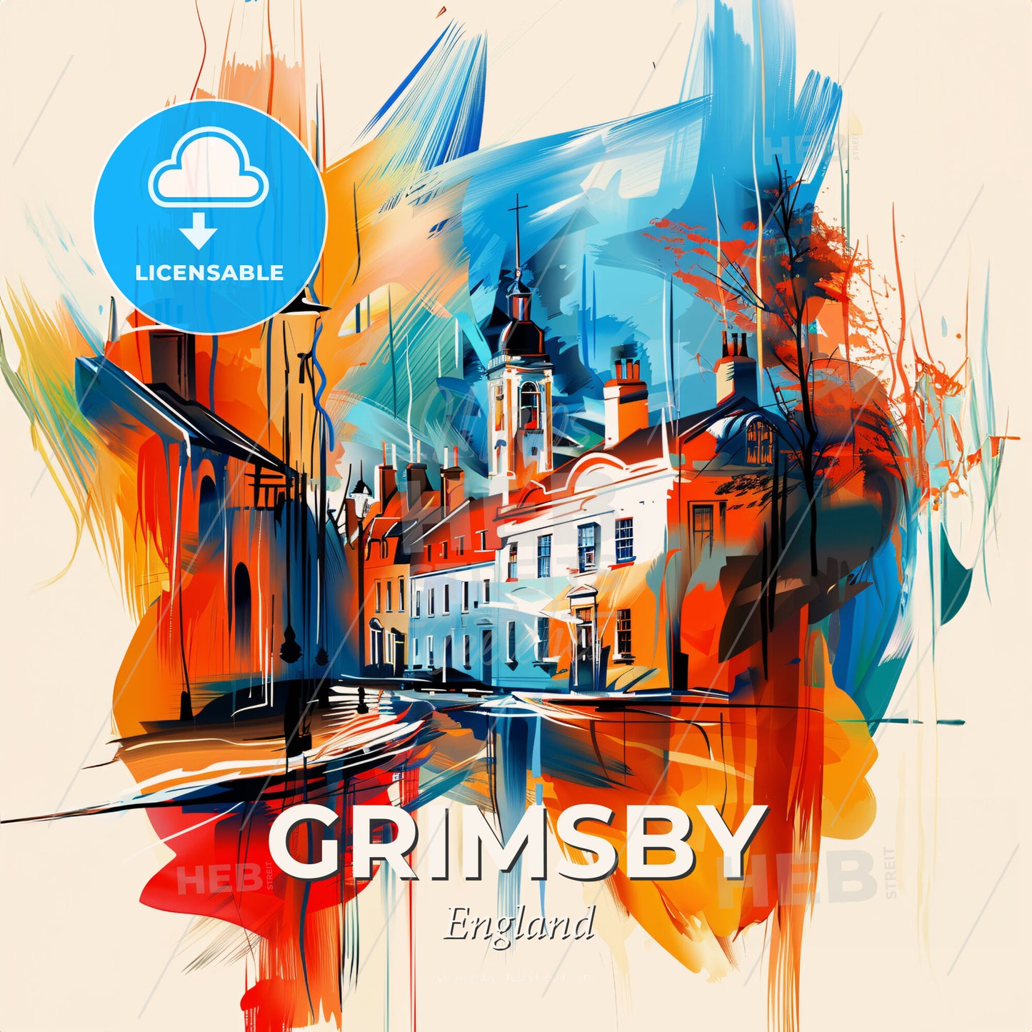 Vibrant Grimsby, England - A Painting Of A Street With Buildings And Trees - Square format print template