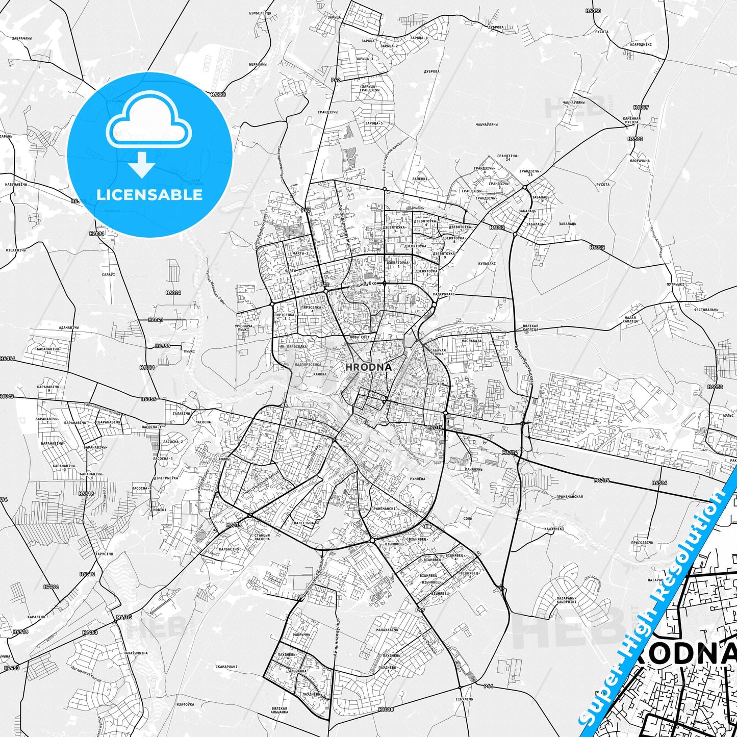 Grodno, Belarus light map with streetnames, citynames and districts