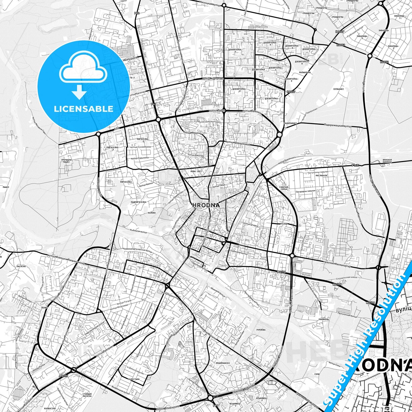 Grodno, Belarus Light Map with Street Names, City Names, and Districts