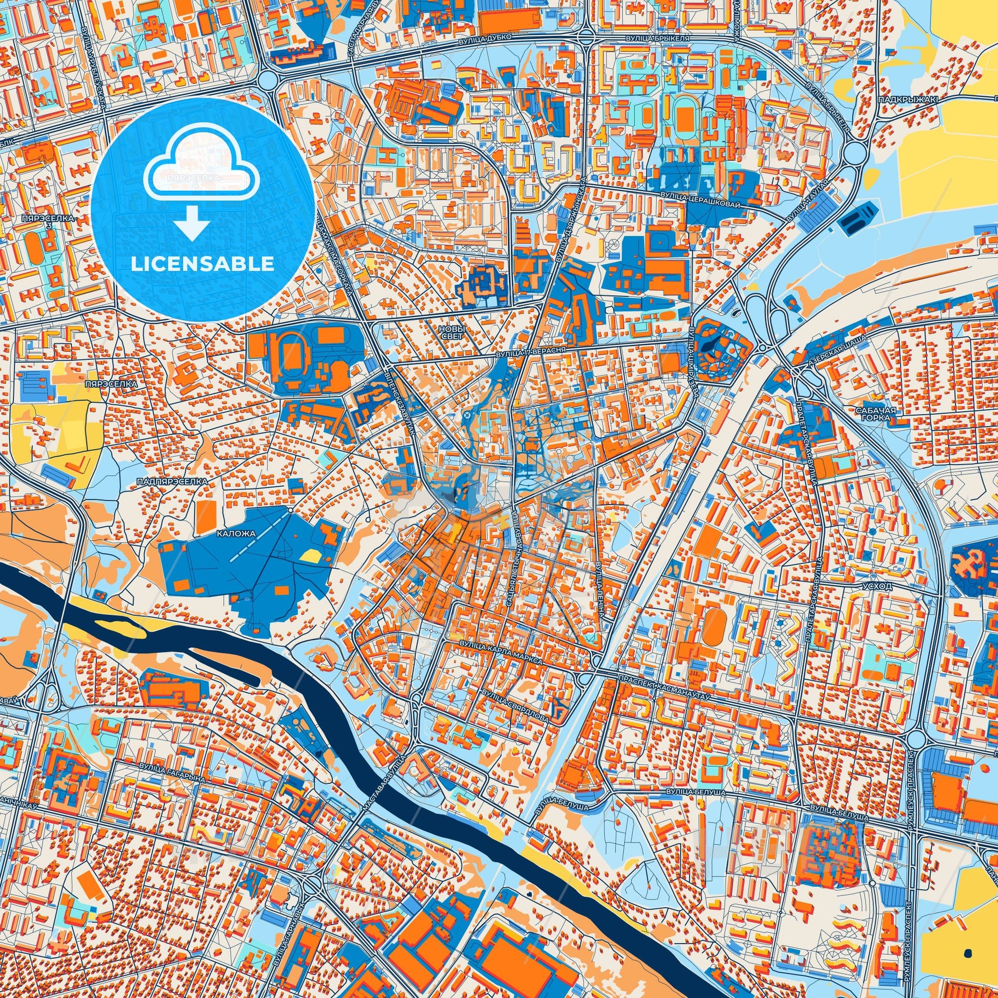 Colorful Grodno Street Map with Labels and Buildings