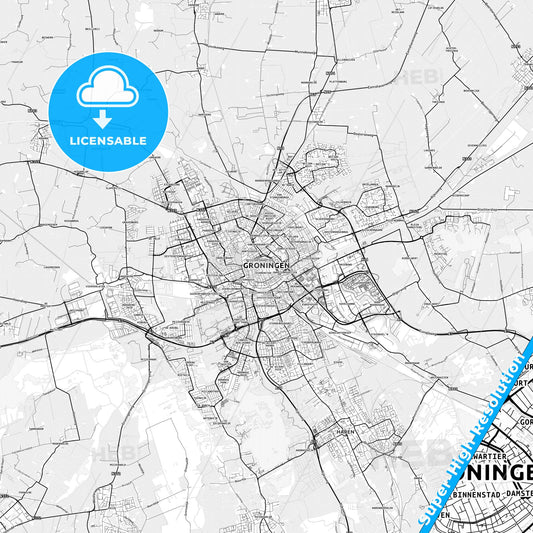 Groningen, Netherlands light map with streetnames, citynames and districts