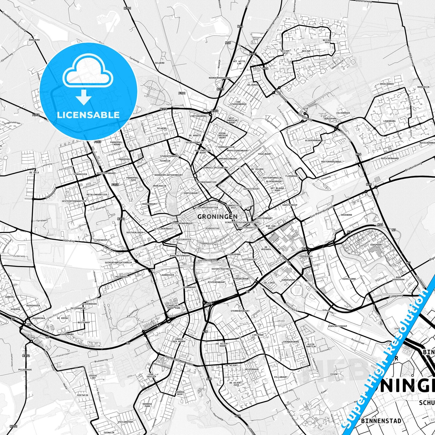 Groningen, Netherlands Light Map with Street Names, City Names, and Districts
