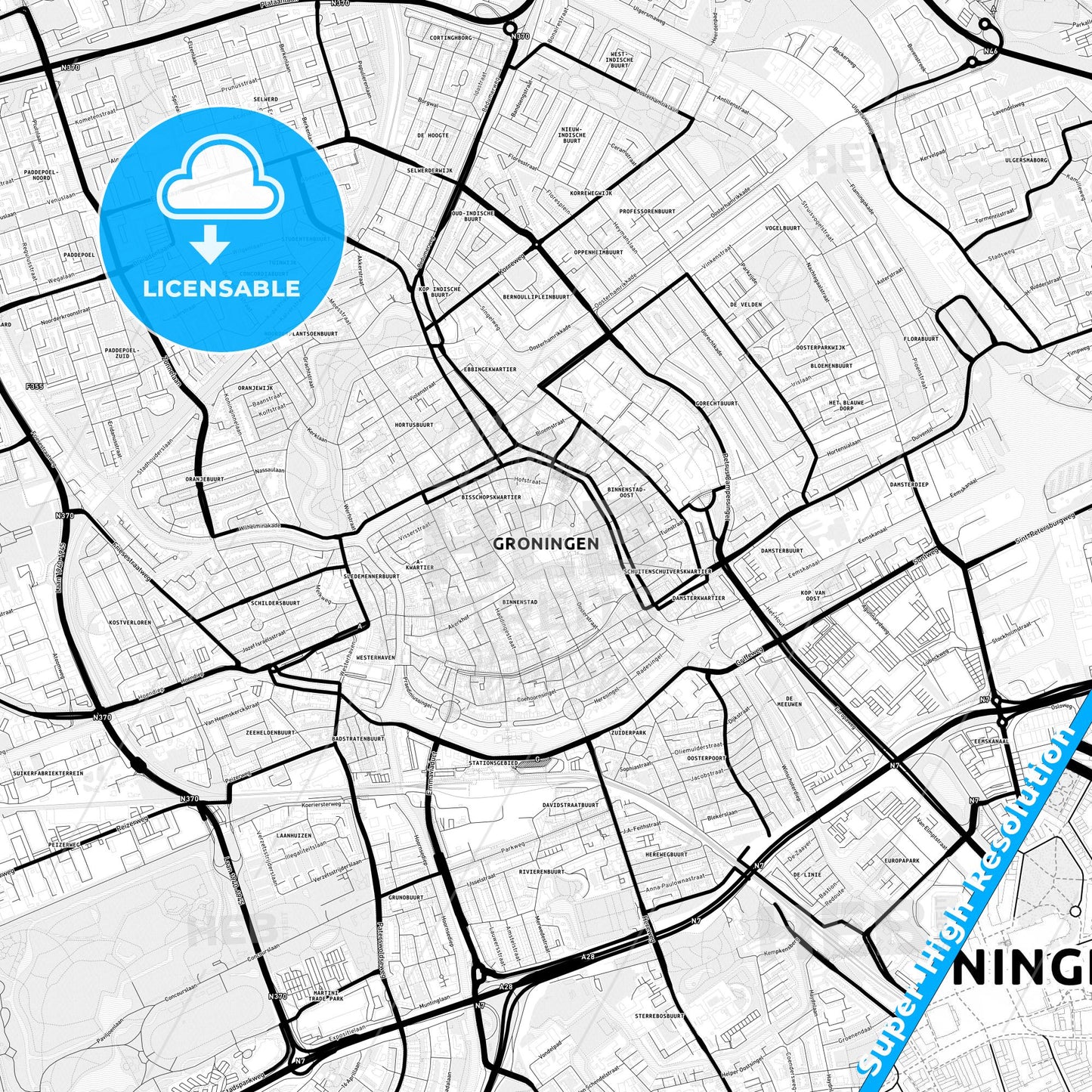Groningen, Netherlands Light Map with Street Names, City Names, and Districts