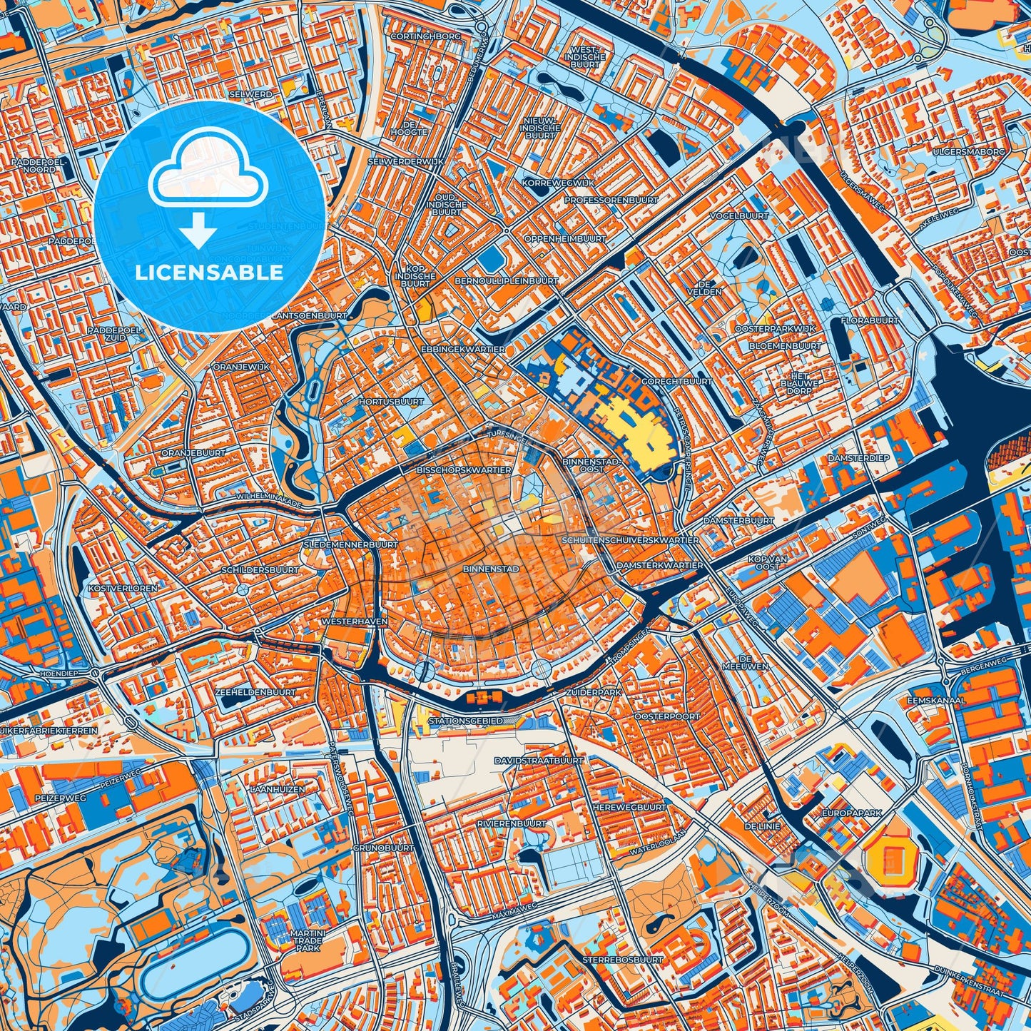 Colorful Groningen Street Map with Labels and Buildings
