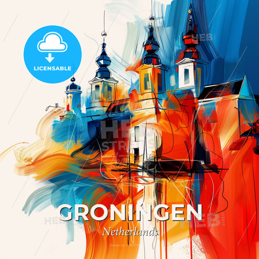 Vibrant Groningen, Netherlands - A Painting Of A Building With Towers - Square format print template