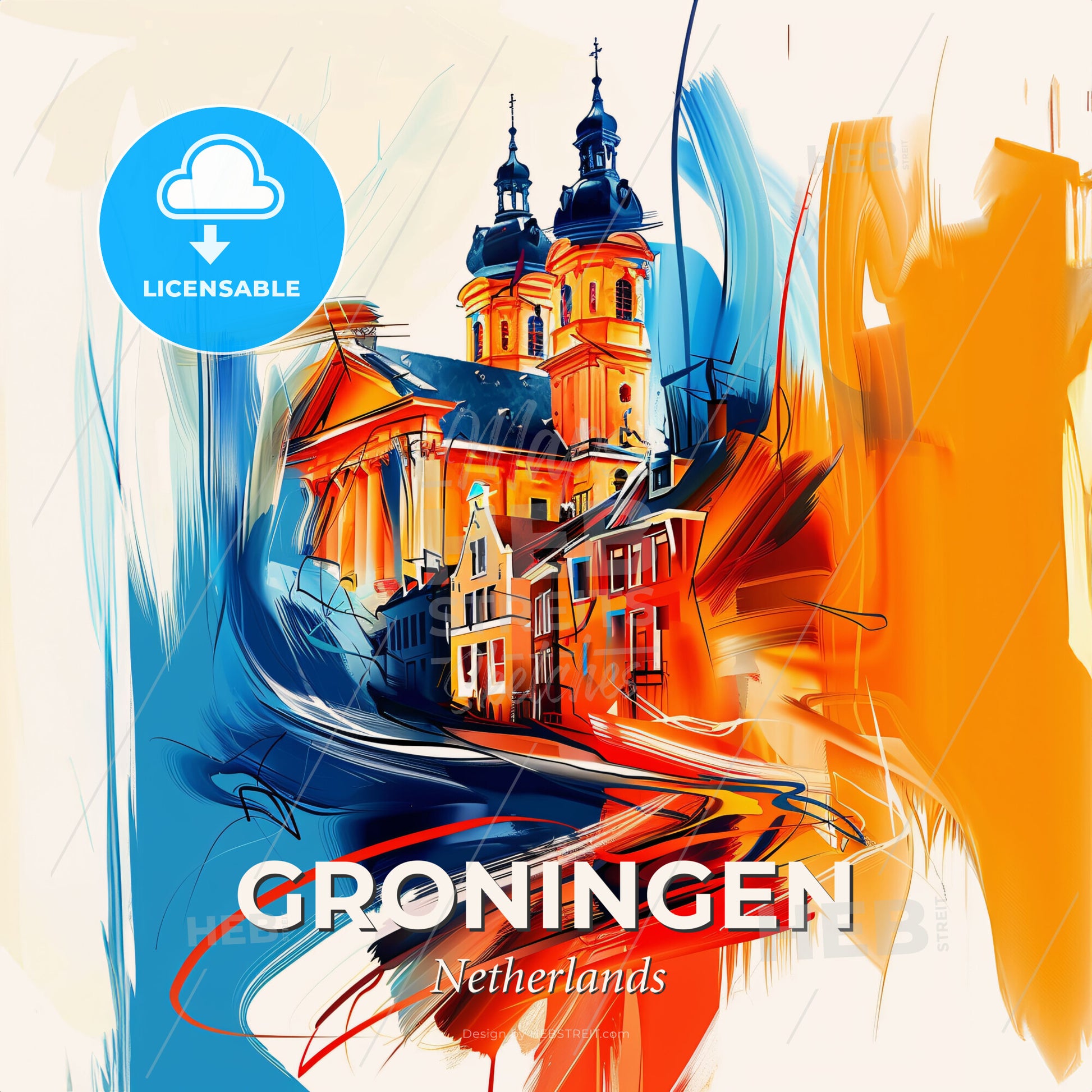 Vibrant Groningen, Netherlands - A Painting Of A Building - Square format print template