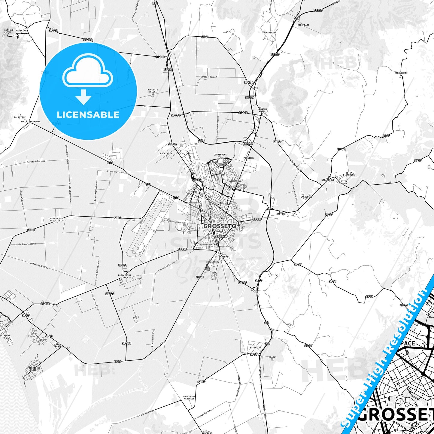 Grosseto, Italy light map with streetnames, citynames and districts
