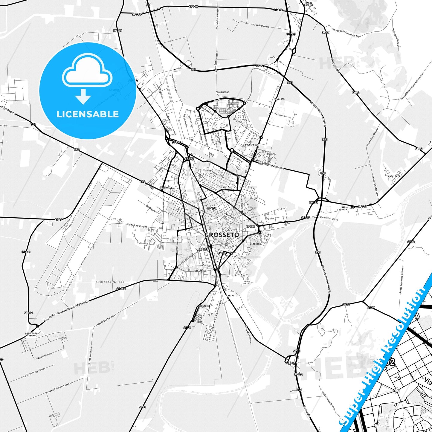 Grosseto, Italy Light Map with Street Names, City Names, and Districts