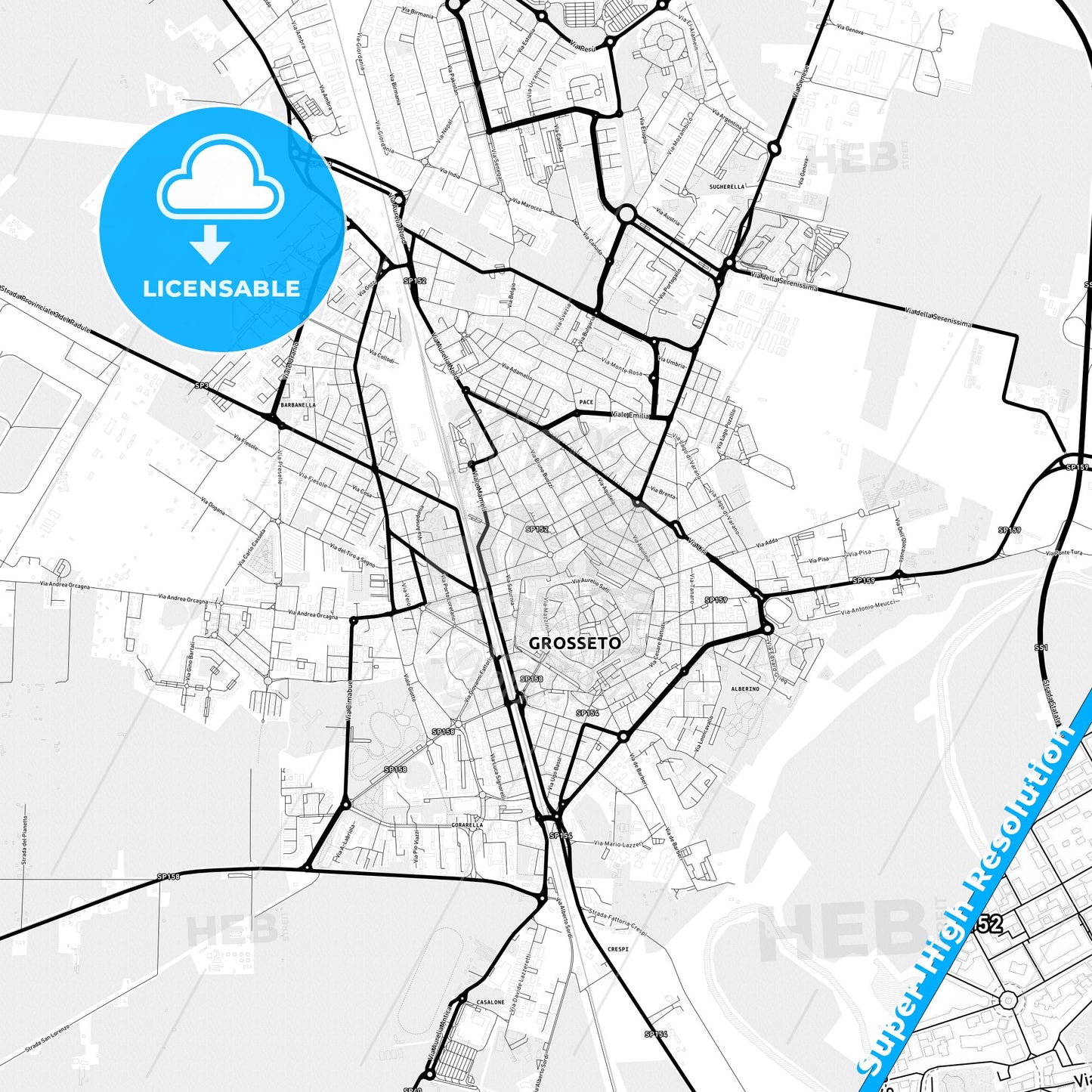 Grosseto, Italy Light Map with Street Names, City Names, and Districts