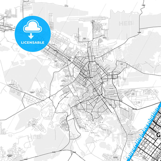 Grozny, Russia light map with streetnames, citynames and districts