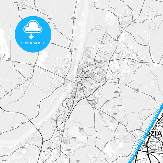Grudziądz, Poland light map with streetnames, citynames and districts