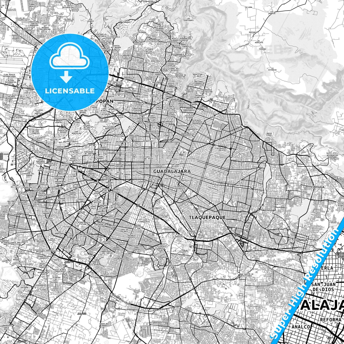 Guadalajara, Mexico light map with streetnames, citynames and districts
