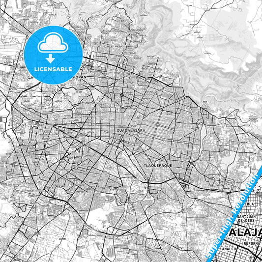Guadalajara, Mexico light map with streetnames, citynames and districts