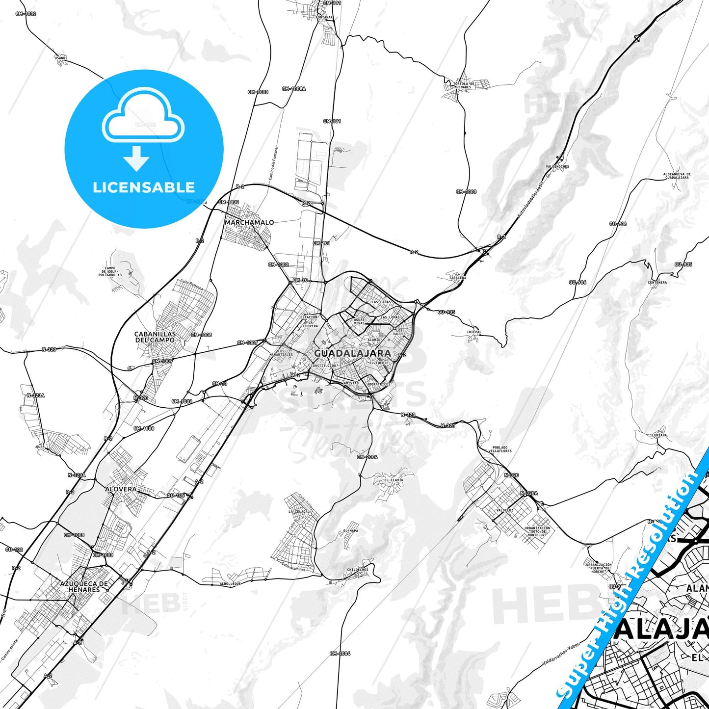 Guadalajara, Spain light map with streetnames, citynames and districts