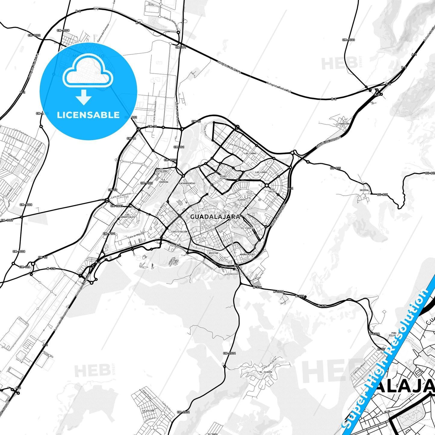 Guadalajara, Spain Light Map with Street Names, City Names, and Districts