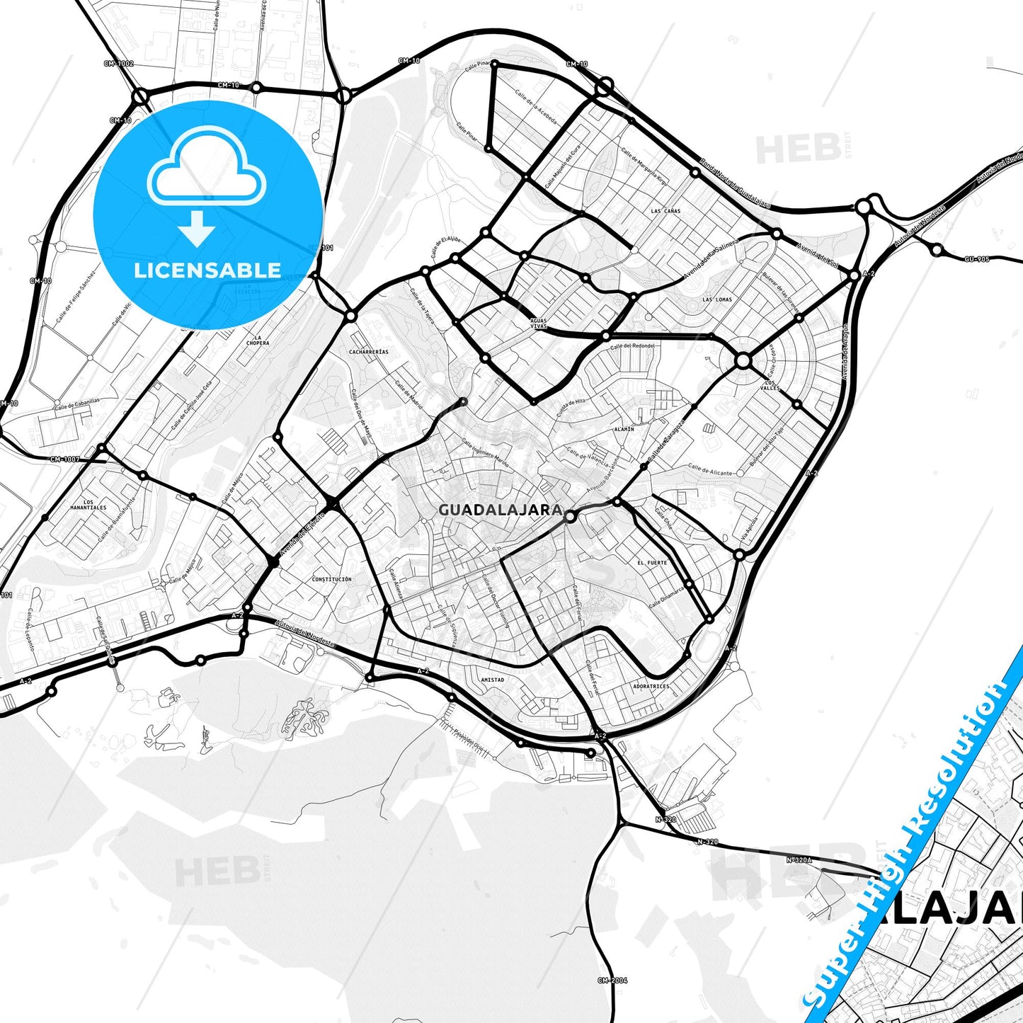 Guadalajara, Spain Light Map with Street Names, City Names, and Districts