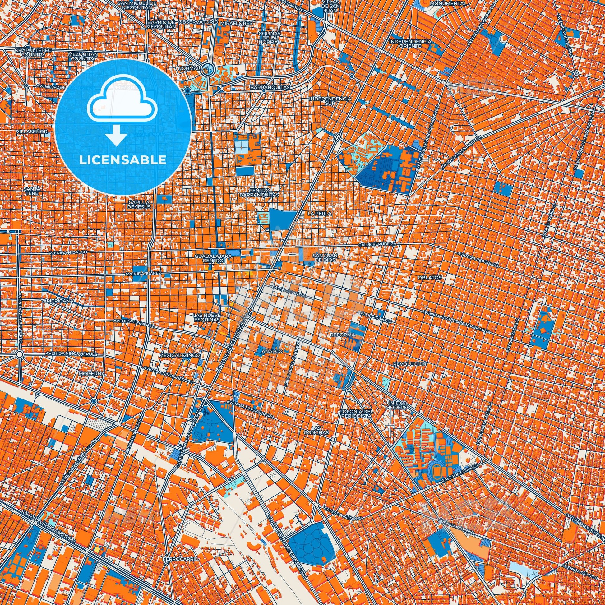 Colorful Guadalajara Street Map with Labels and Buildings