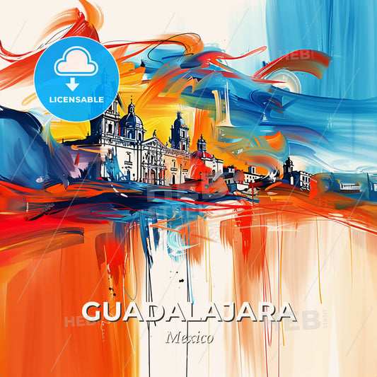 Vibrant Guadalajara, Mexico - A Painting Of A Building With Colorful Paint Splashes - Square format print template