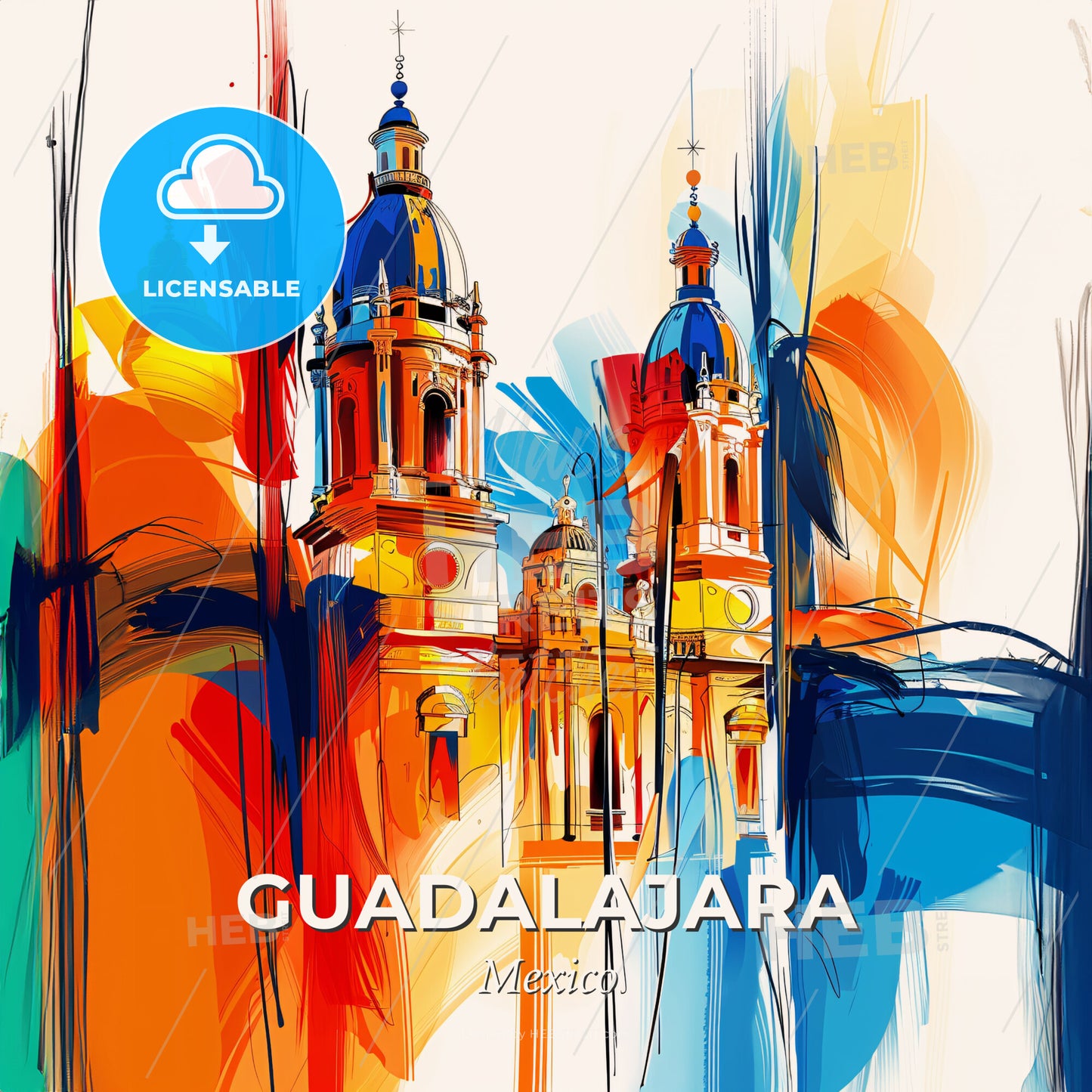 Vibrant Guadalajara, Mexico - A Painting Of A Building With Colorful Paint - Square format print template