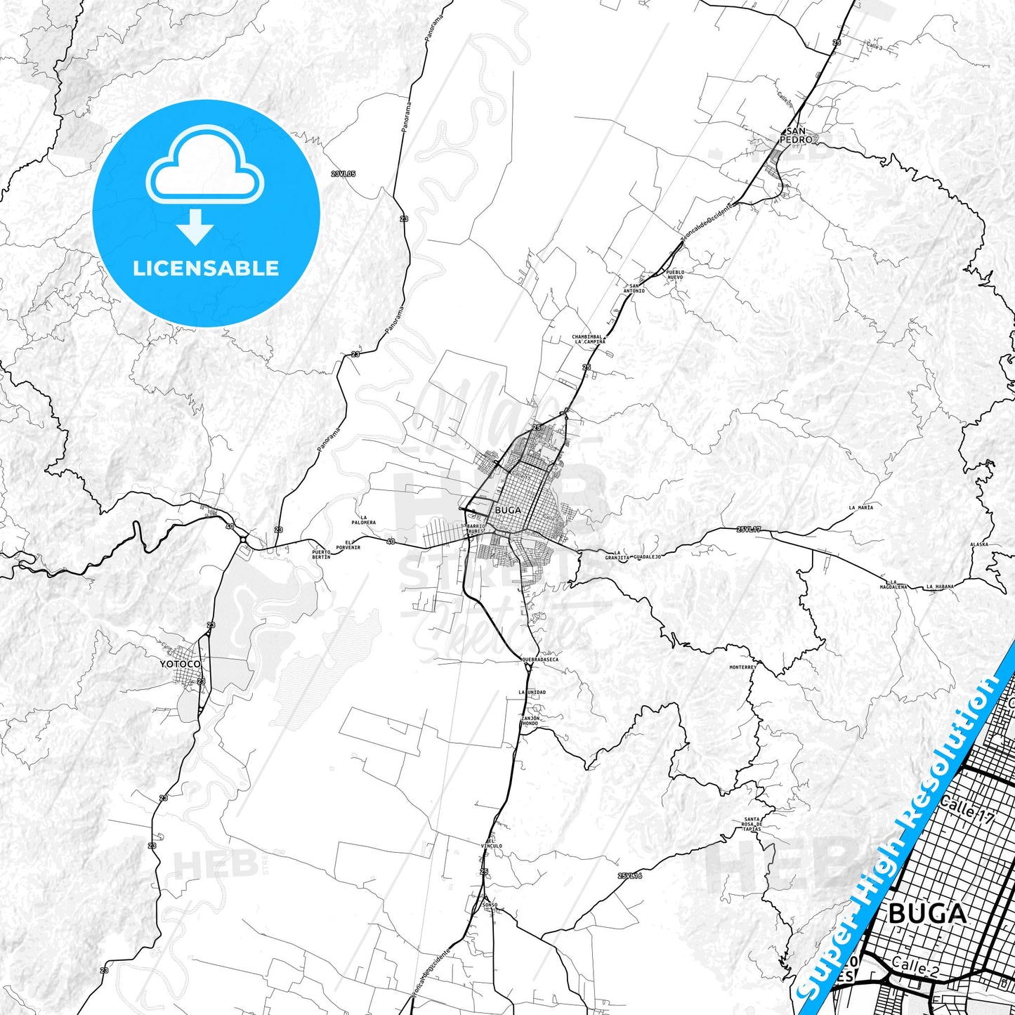 Guadalajara de Buga, Colombia light map with streetnames, citynames and districts