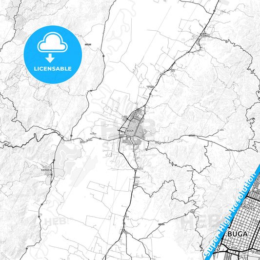 Guadalajara de Buga, Colombia light map with streetnames, citynames and districts