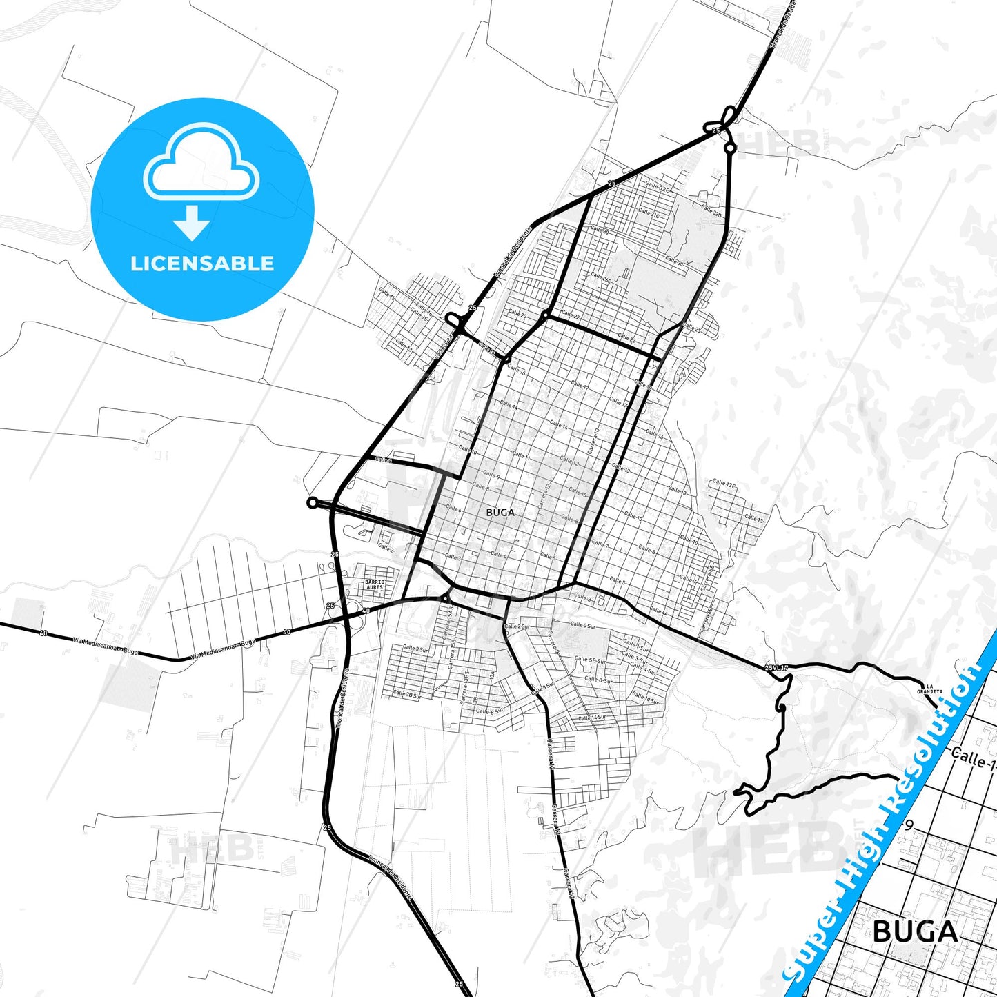 Guadalajara de Buga, Colombia Light Map with Street Names, City Names, and Districts