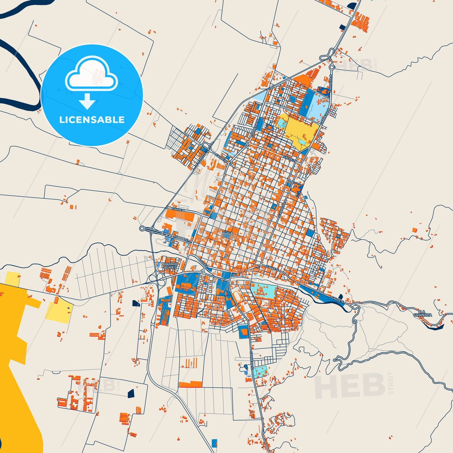 Colorful Guadalajara de Buga Street Map with Labels and Buildings
