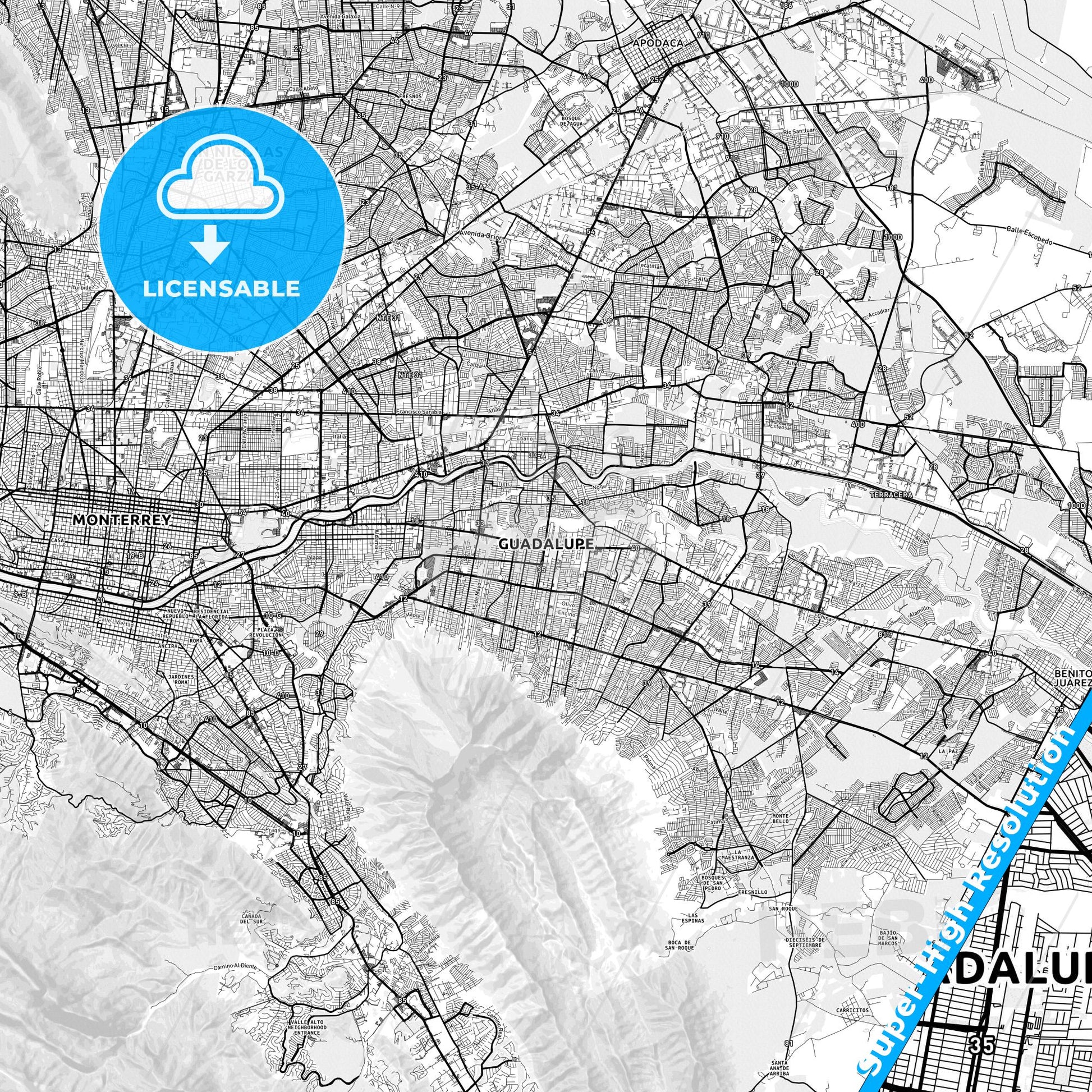 Guadalupe, Mexico light map with streetnames, citynames and districts