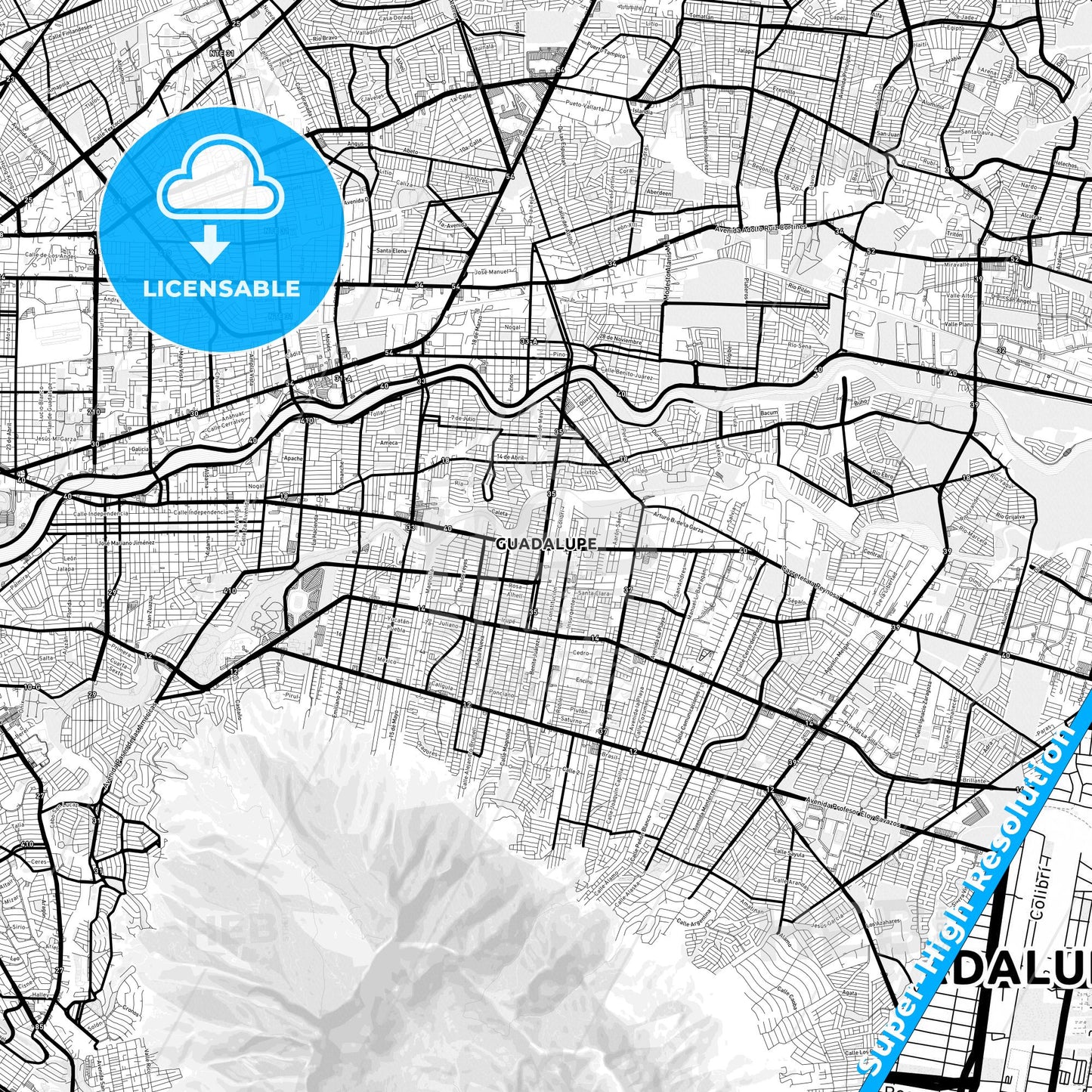Guadalupe, Mexico Light Map with Street Names, City Names, and Districts