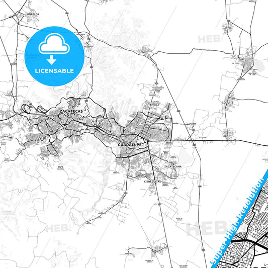 Guadalupe, Mexico light map with streetnames, citynames and districts