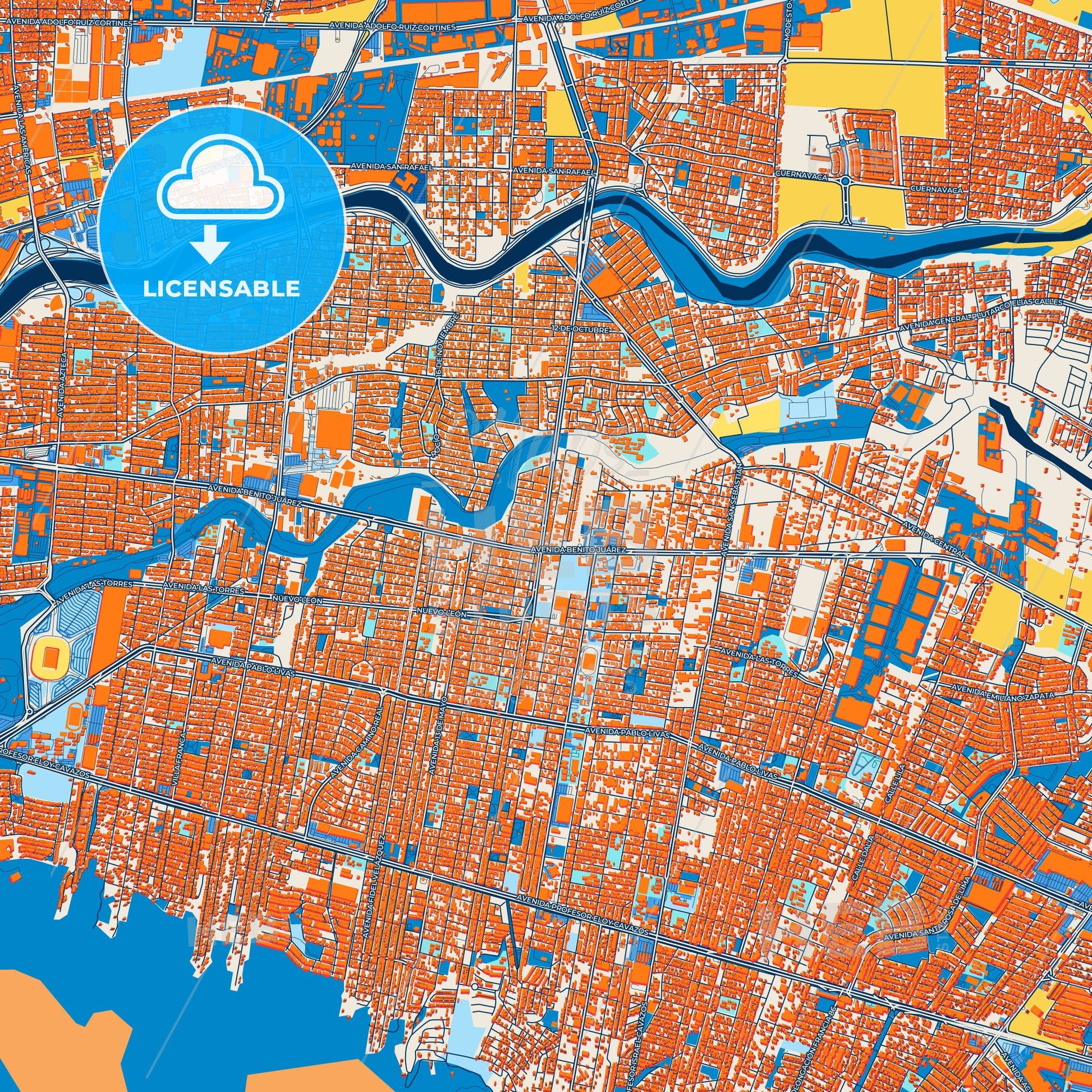 Colorful Guadalupe Street Map with Labels and Buildings