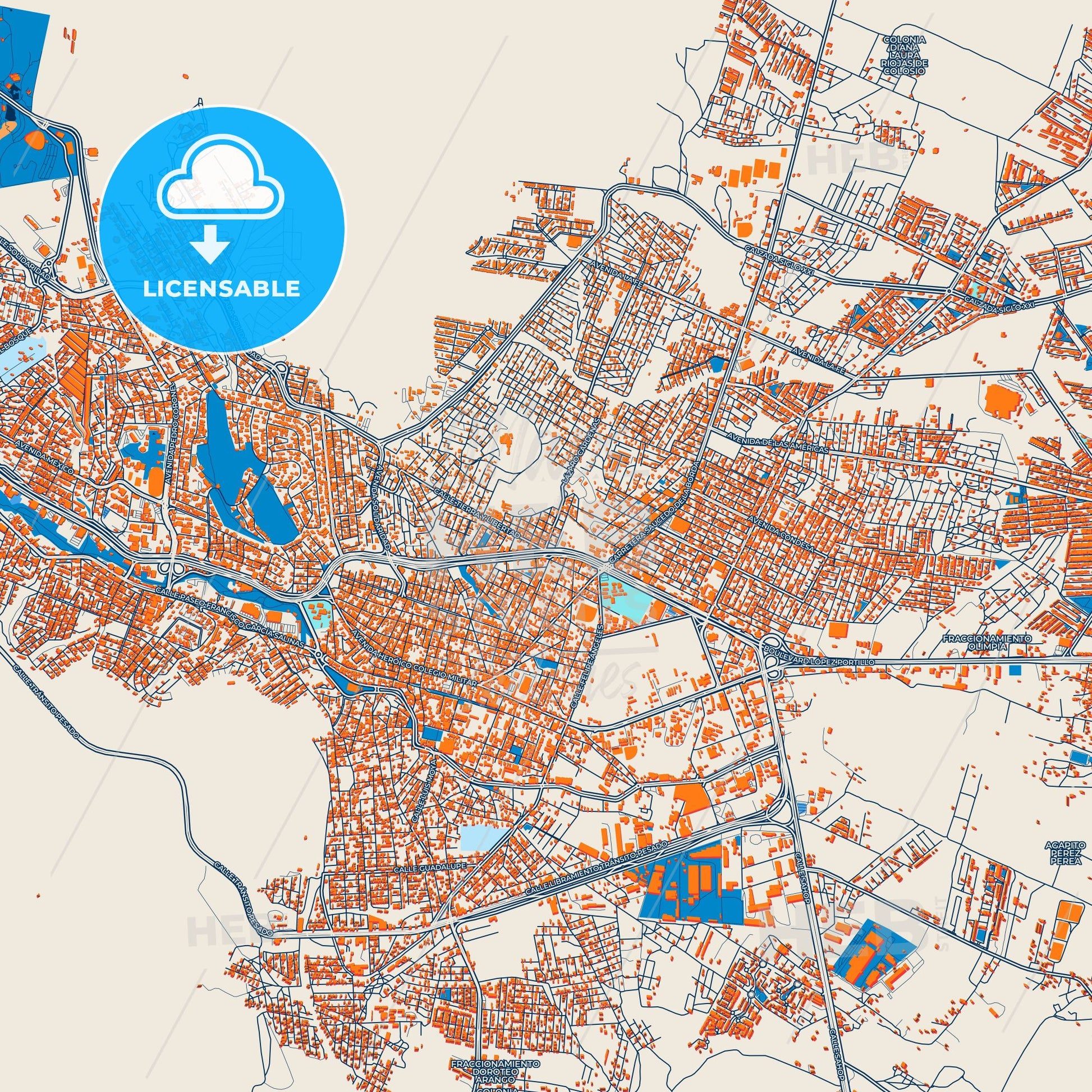 Colorful Guadalupe Street Map with Labels and Buildings