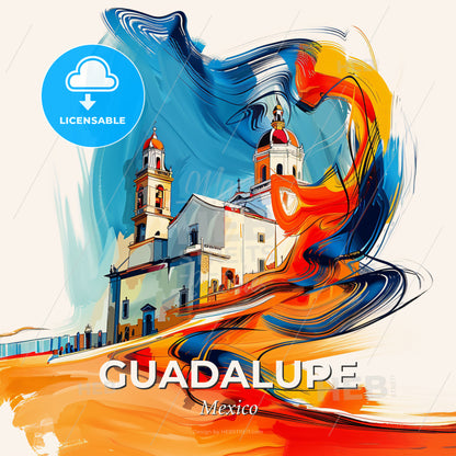 Vibrant Guadalupe, Mexico - A Painting Of A Building With A Colorful Background - Square format print template