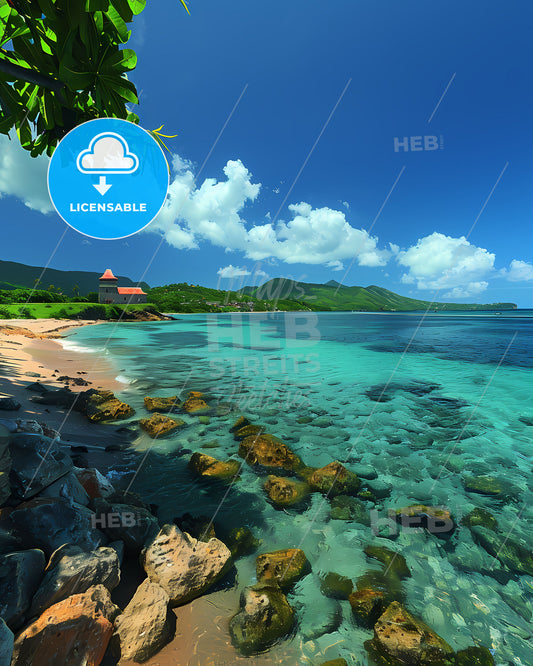Vibrant Art Depiction of Guadeloupe Beach, North America: Rocky Shore with Charming House