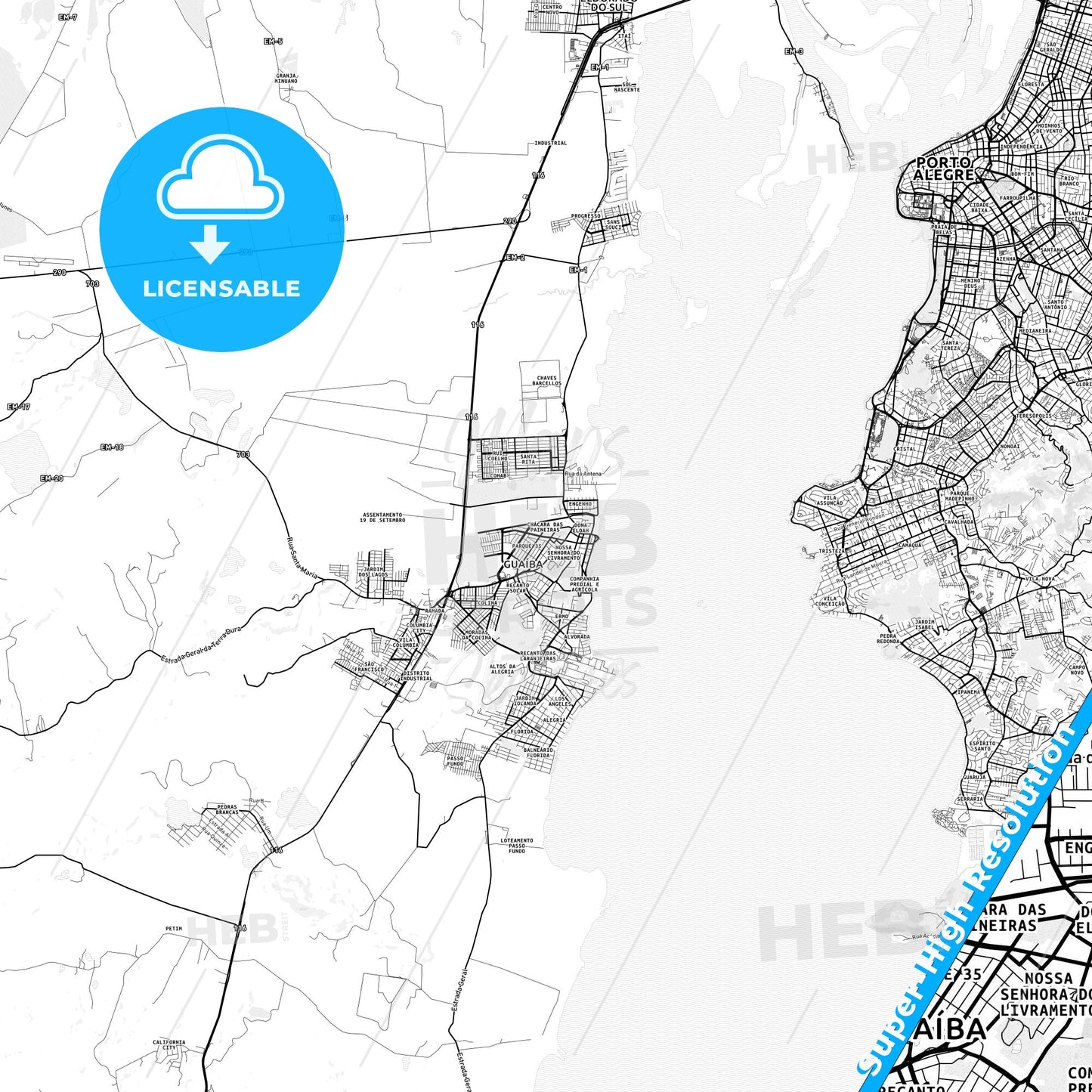 Guaiba, Brazil light map with streetnames, citynames and districts