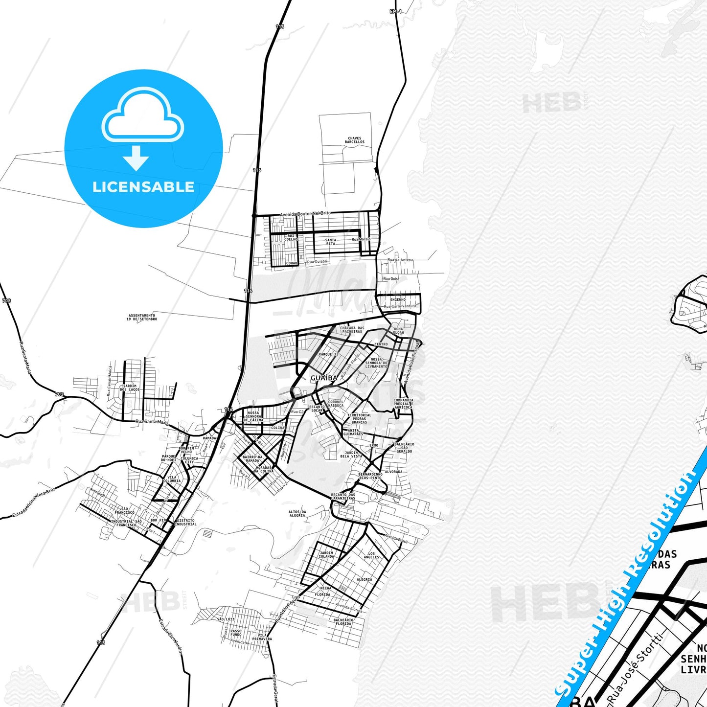 Guaiba, Brazil Light Map with Street Names, City Names, and Districts
