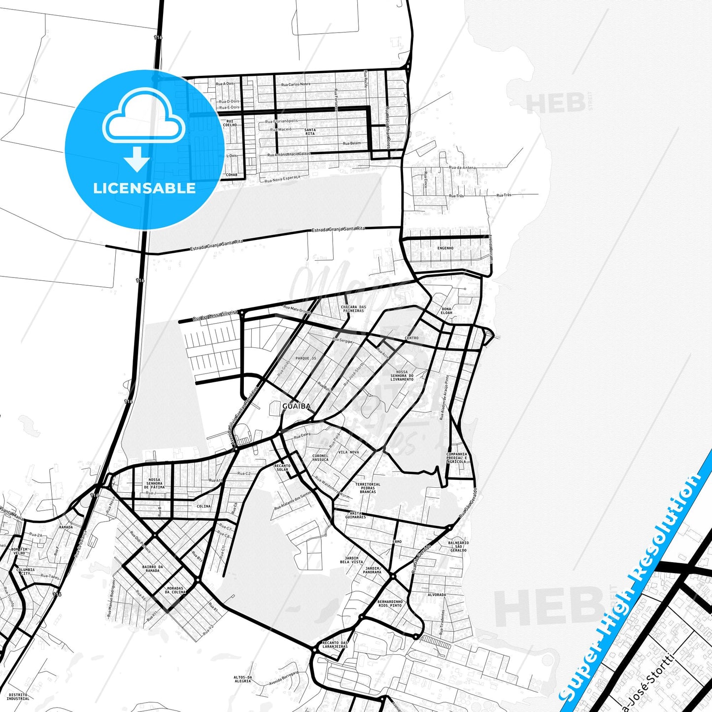 Guaiba, Brazil Light Map with Street Names, City Names, and Districts